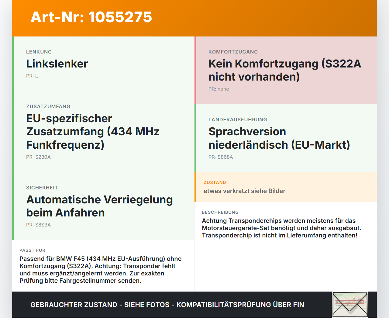 BMW F45 14-18 Funkschlüssel Fernbedienung Autoschlüssel BMW F45 14-18 22.11.2017 2556076 66125A56076 gebraucht Vorschau 3