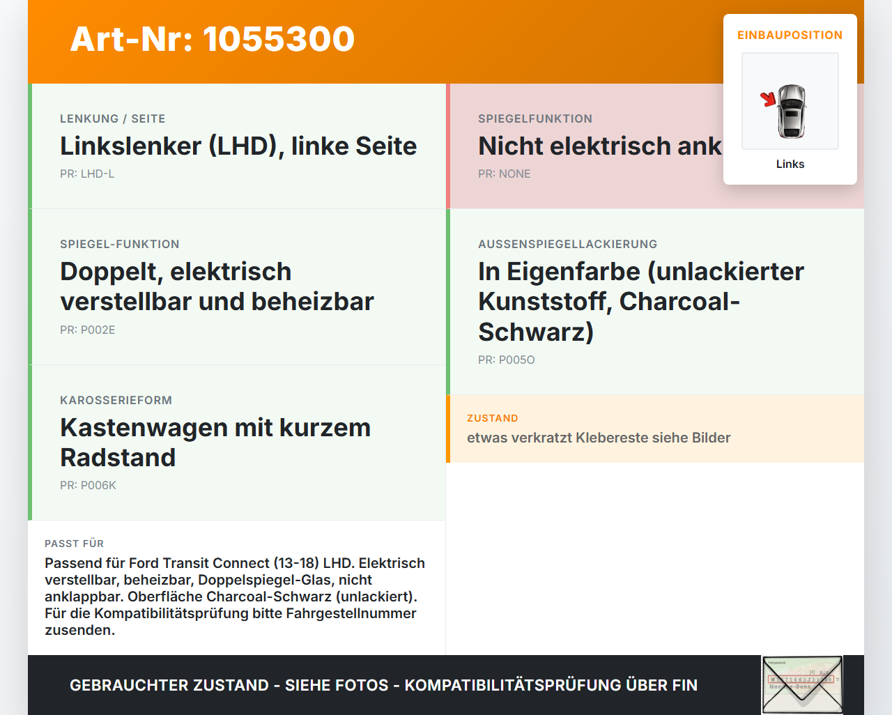 Ford Transit Connect 13-18 Spiegel Aussenspiegel Links 5D Ford Transit Connect 13-18 20.06.2017 DT11-17683-CF gebraucht Vorschau 3