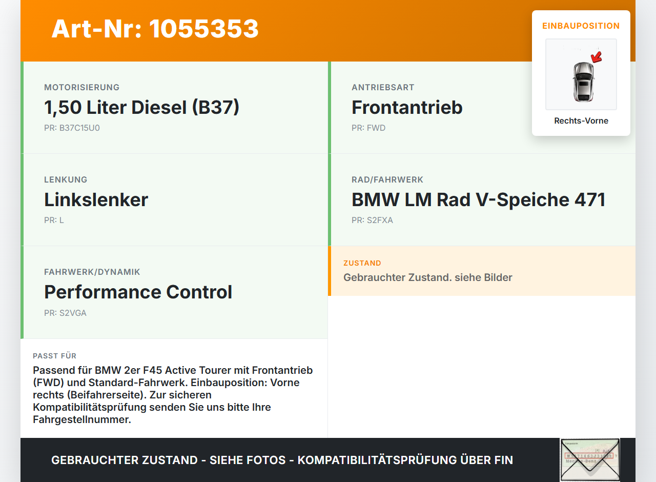 BMW F45 14-18 1,5 85KW Achsschenkel Radnabe Rechts Vorne BMW F45 14-18 22.11.2017 3121-6876646 6876646 gebraucht Vorschau 3
