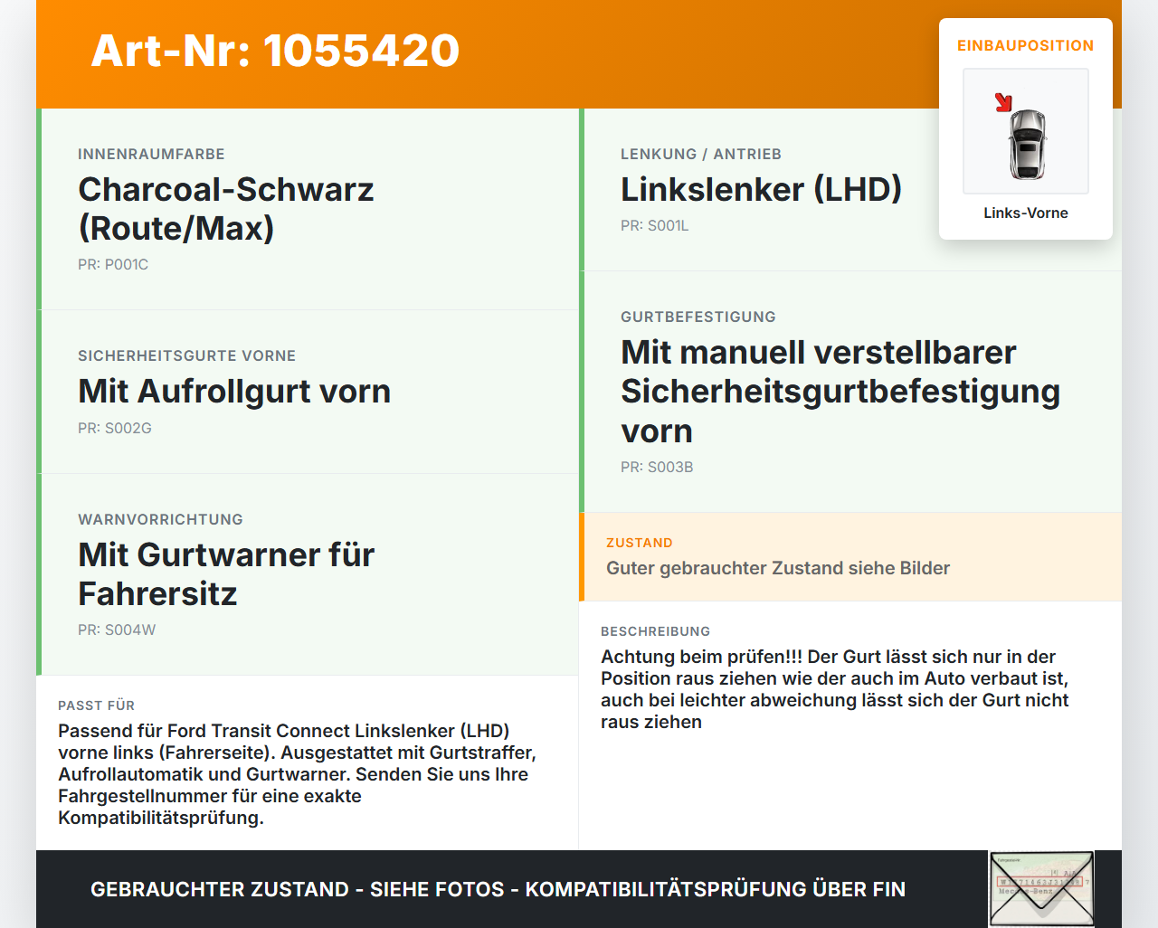 Ford Transit Connect 13-18 Lang Gurt Sicherheitsgurt m. Gurtstraffer für  Fahrer Links Vorne Ford Transit Connect... Vorschau 3
