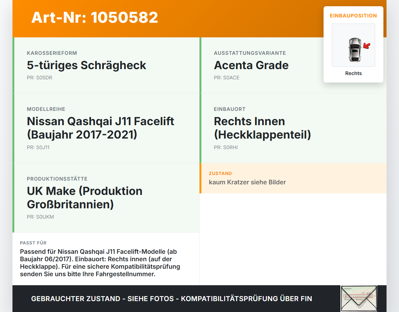 Nissan Qashqai II J11 17-21 Rückleuchte Heckleuchte für Klappe Innen Rechts Nissan Qashqai II J11 17-21 01.06.2017... Vorschau 3