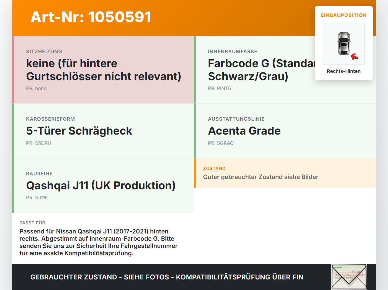 Nissan Qashqai II J11 17-21 Gurtschloss Rechts Hinten Nissan Qashqai II J11 17-21 01.06.2017 gebraucht Vorschau 3