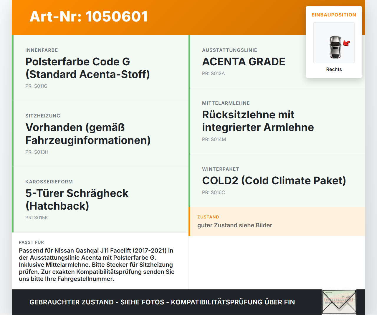 Nissan Qashqai II J11 17-21 Rücksitzbank Rückenlehne mit Armlehne rechts Nissan Qashqai II J11 17-21 01.06.2017... Vorschau 3