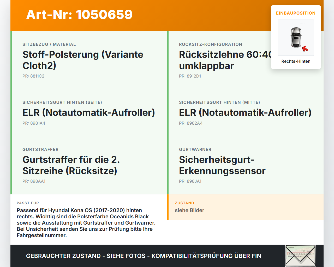 Hyundai Kona OS 17-20 Gurtschloss Rechts Hinten Hyundai Kona OS 17-20 03.08.2018 gebraucht Vorschau 3