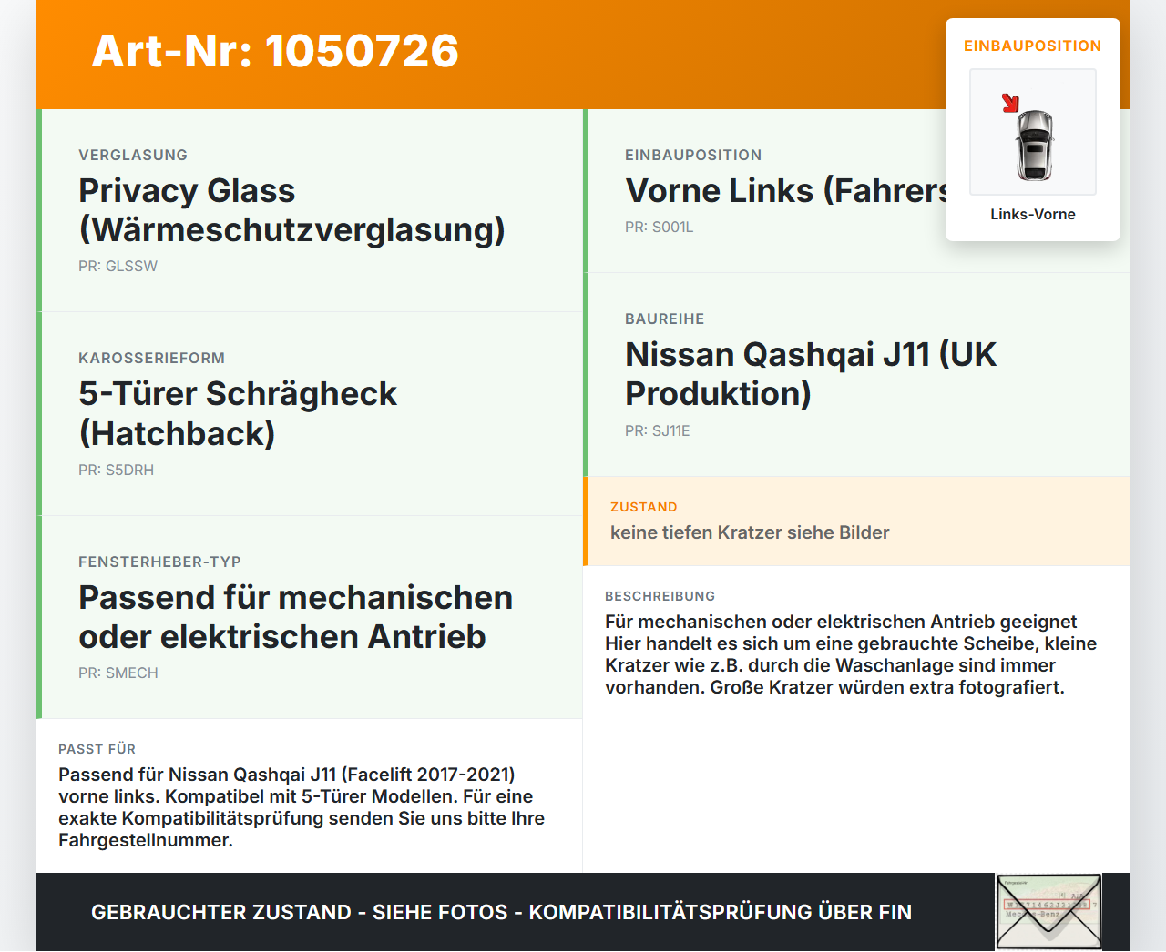 Nissan Qashqai II J11 17-21 Seitenscheibe LVK Fenster Türscheibe Links Vorne Nissan Qashqai II J11 17-21 01.06.2017... Vorschau 3