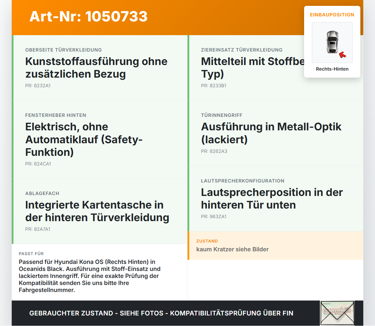 Hyundai Kona OS 17-20 Türverkleidung Türpappe Rechts Hinten Hyundai Kona OS 17-20 03.08.2018 gebraucht Vorschau 3