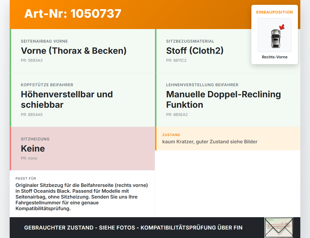 Hyundai Kona OS 17-20 Sitzbezug Rückenpolster Rechts Vorne für Beifahrer Sitz Hyundai Kona OS 17-20 03.08.2018 gebraucht Vorschau 3