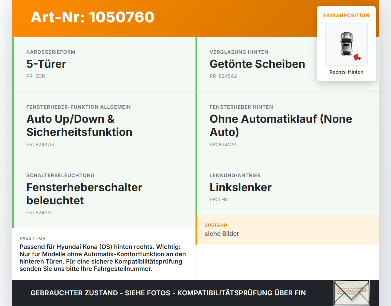 Hyundai Kona OS 17-20 Fensterhebermotor mit Fensterheber Rechts Hinten Hyundai Kona OS 17-20 03.08.2018 83402-J9000... Vorschau 3