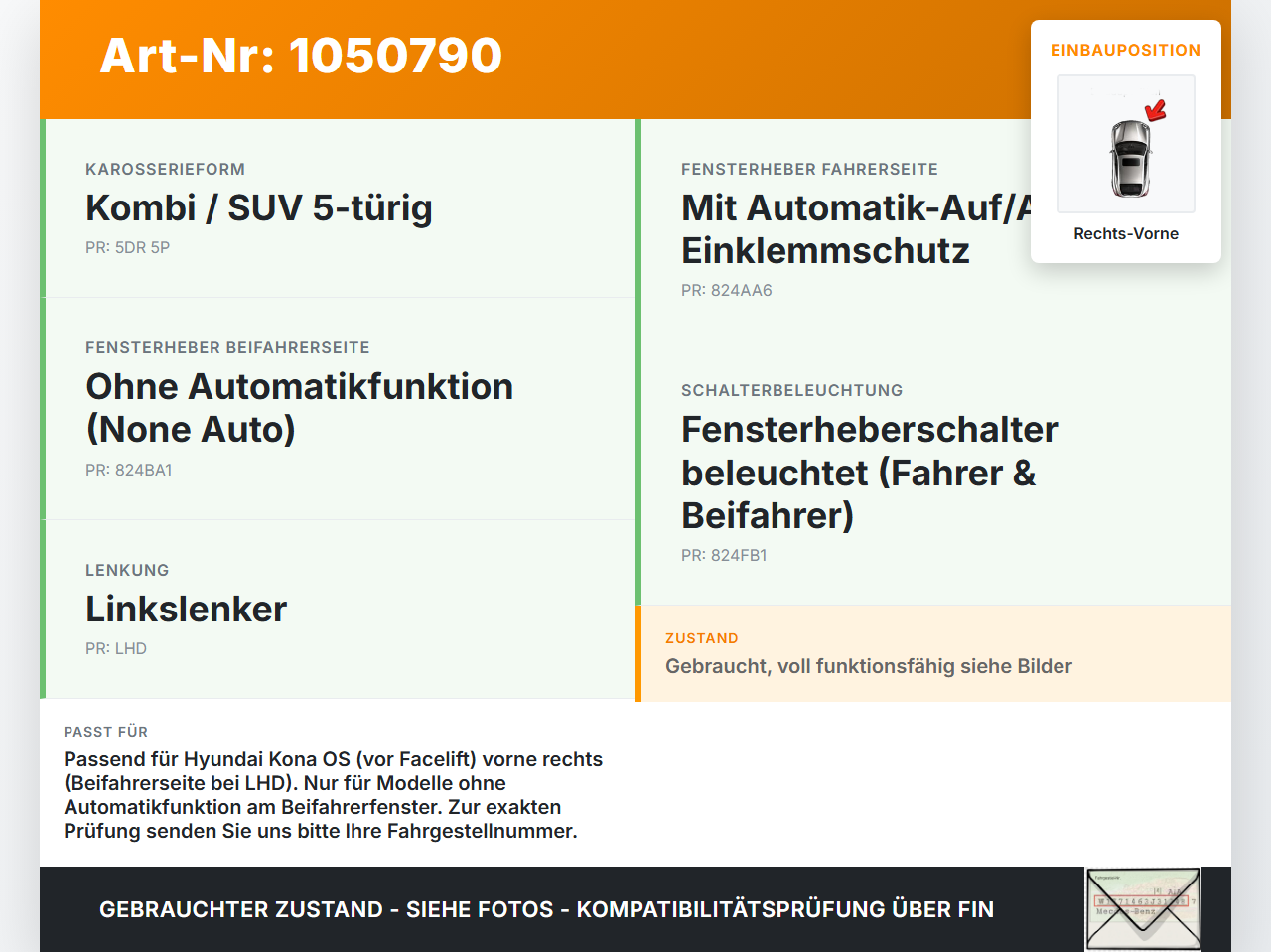 Hyundai Kona OS 17-20 Fensterhebermotor mit Fensterheber Rechts Vorne Hyundai Kona OS 17-20 03.08.2018 82482-J9000... Vorschau 3