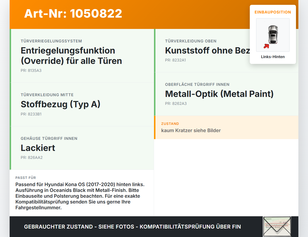 Hyundai Kona OS 17-20 Türgriff Griffmuschel Griff Innen Links Hinten Hyundai Kona OS 17-20 03.08.2018 gebraucht Vorschau 3