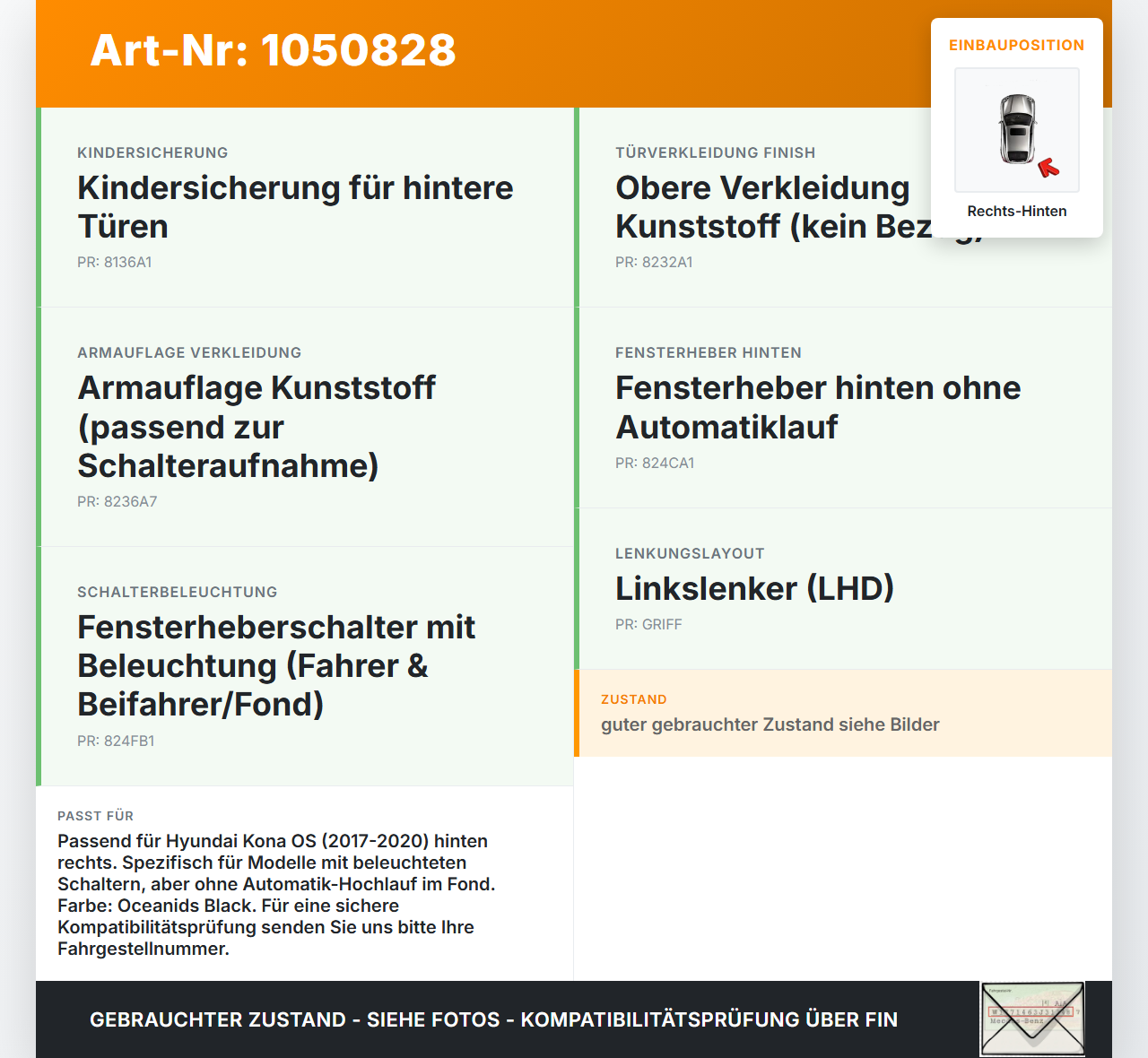 Hyundai Kona OS 17-20 Fensterheberschalter Schalter Rechts Hinten Hyundai Kona OS 17-20 03.08.2018 3K552B-1200 gebraucht Vorschau 3