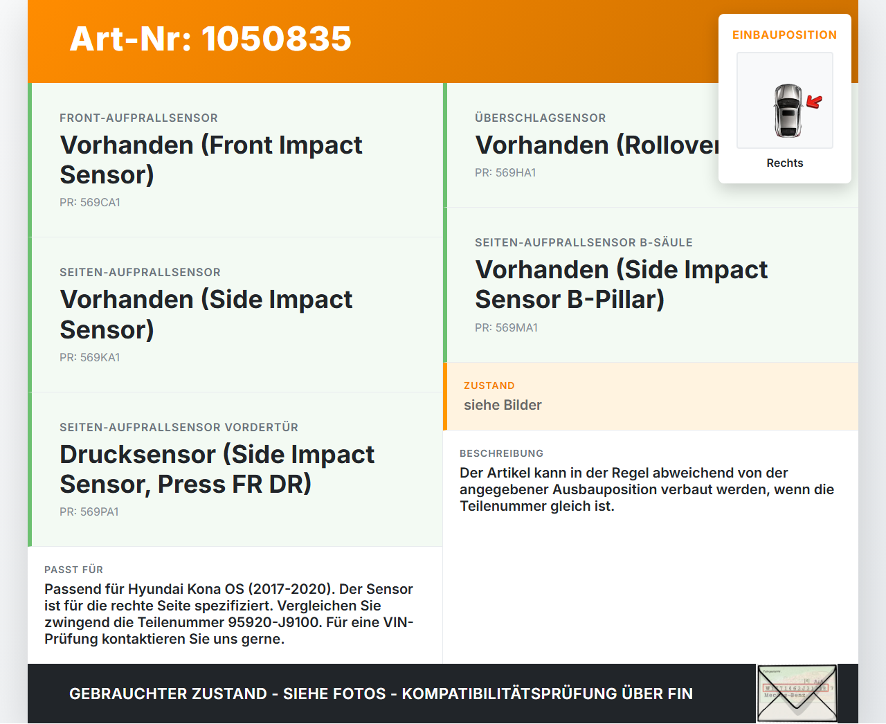 Hyundai Kona OS 17-20 Sensor für Airbag Crashsensor Airbagsensor Rechts Hyundai Kona OS 17-20 03.08.2018... Vorschau 3