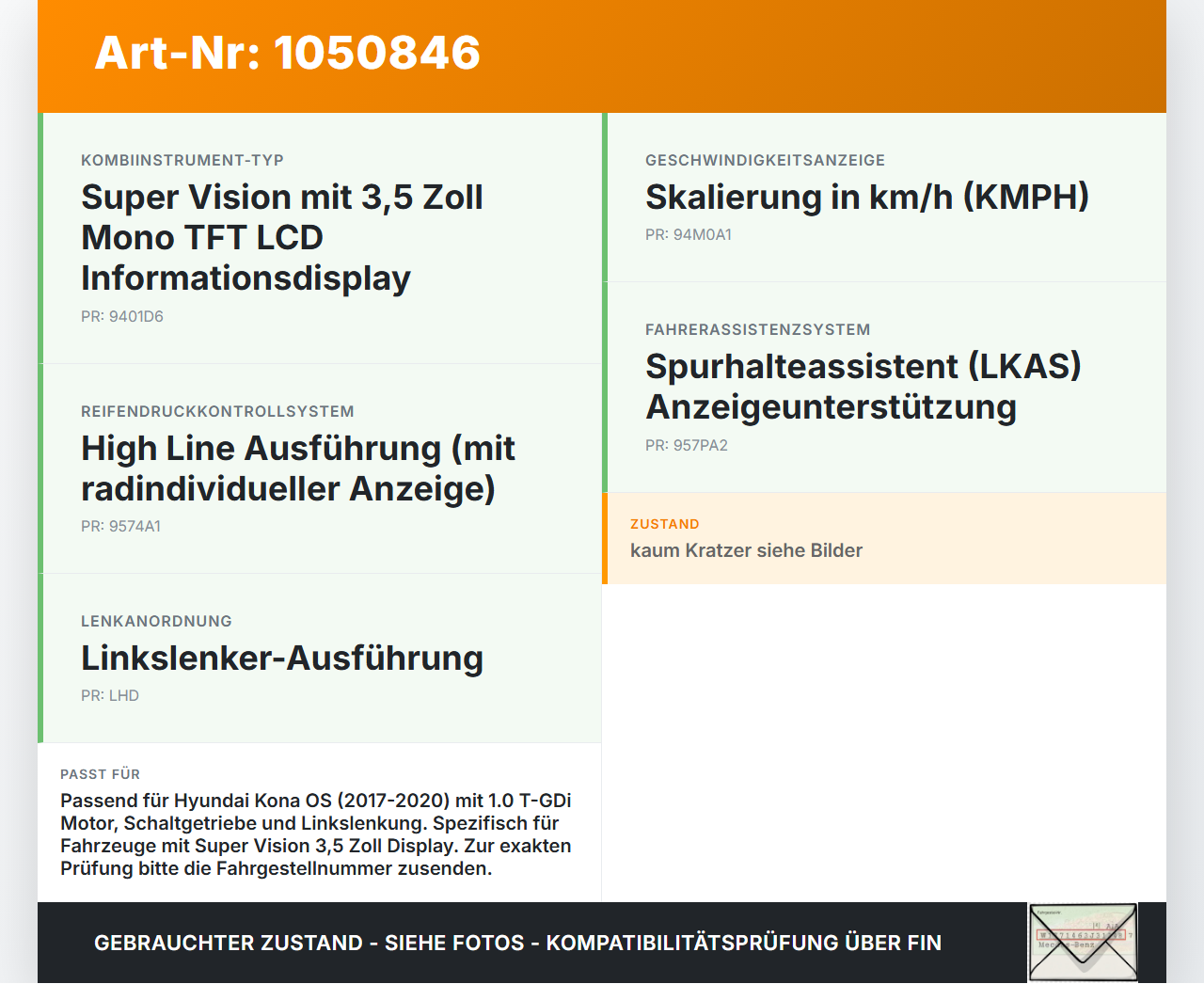 Hyundai Kona OS 17-20 T-GDi 1,0 88KW Kombiinstrument Tacho Hyundai Kona OS 17-20 03.08.2018 94013J9290 IC0-17E010... Vorschau 3
