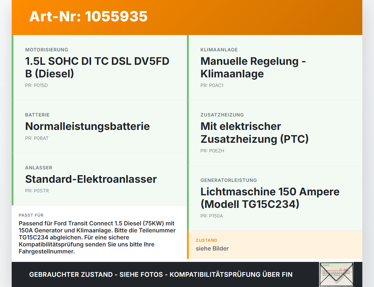 Ford Transit Connect 13-18 1,5 75KW Lichtmaschine Generator 150A Ford Transit Connect 13-18 20.06.2017... Vorschau 3