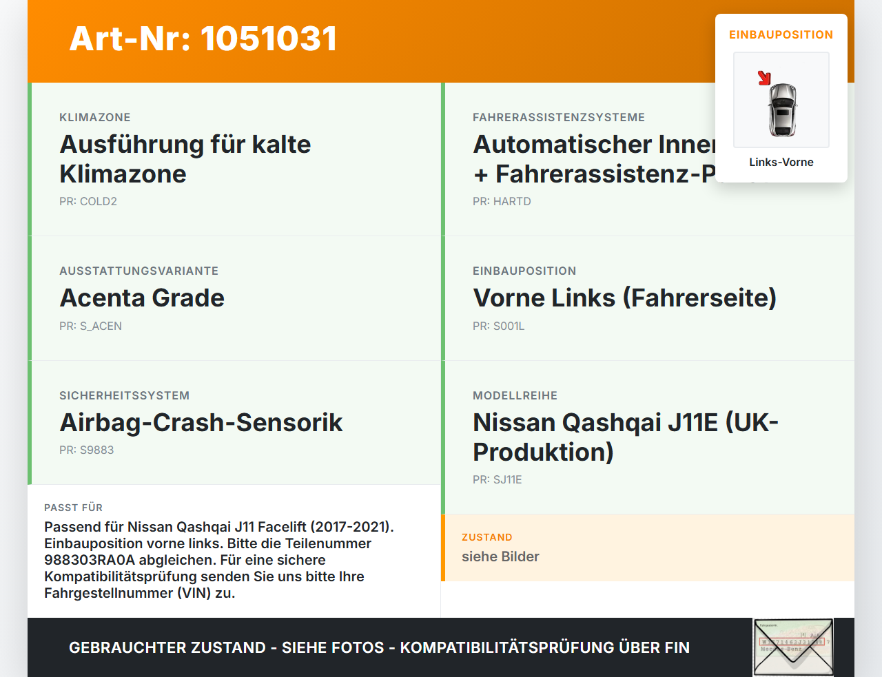 Nissan Qashqai II J11 17-21 Airbagsensor Crashsensor Sensor Vorne Links Nissan Qashqai II J11 17-21 01.06.2017... Vorschau 3