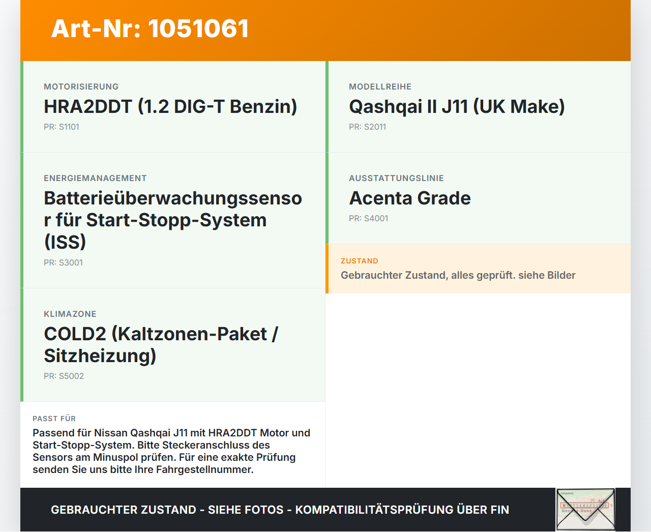 Nissan Qashqai II J11 17-21 Batterieklemme Batterieüberwachung Nissan Qashqai II J11 17-21 01.06.2017 gebraucht Vorschau 3