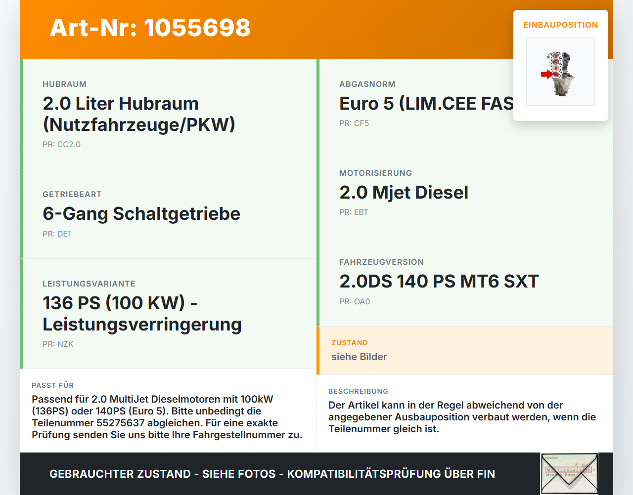 Fiat Freemont 11-16 JTD 2,0 100KW EBT Kolben mit Pleuel Pos A Fiat Freemont 11-16 17.02.2011 55275637 gebraucht Vorschau 3