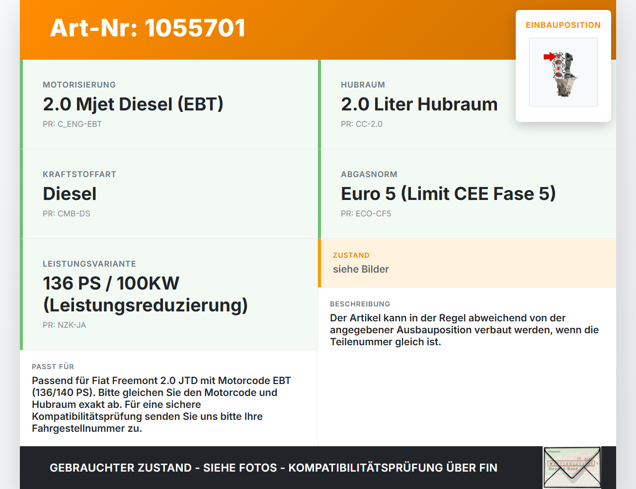 Fiat Freemont 11-16 JTD 2,0 100KW EBT Kolben mit Pleuel Pos D Fiat Freemont 11-16 17.02.2011 55275637 gebraucht Vorschau 3