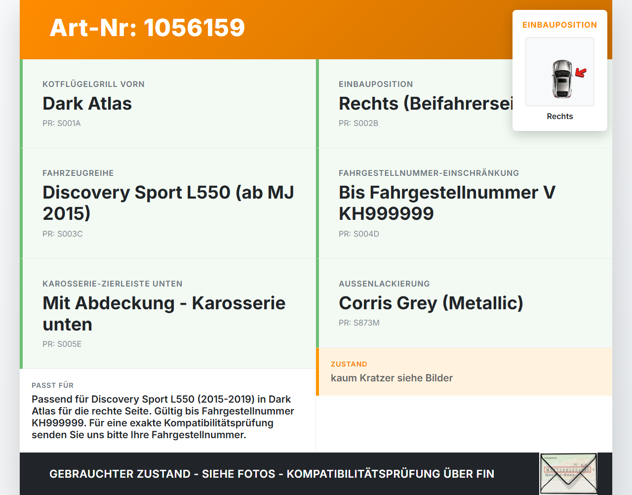 Discovery Sport L550 15-19 Zierleiste Kotflügel Blende Rechts 873 Discovery Sport L550 15-19 12.03.2015 LR058535... Vorschau 3