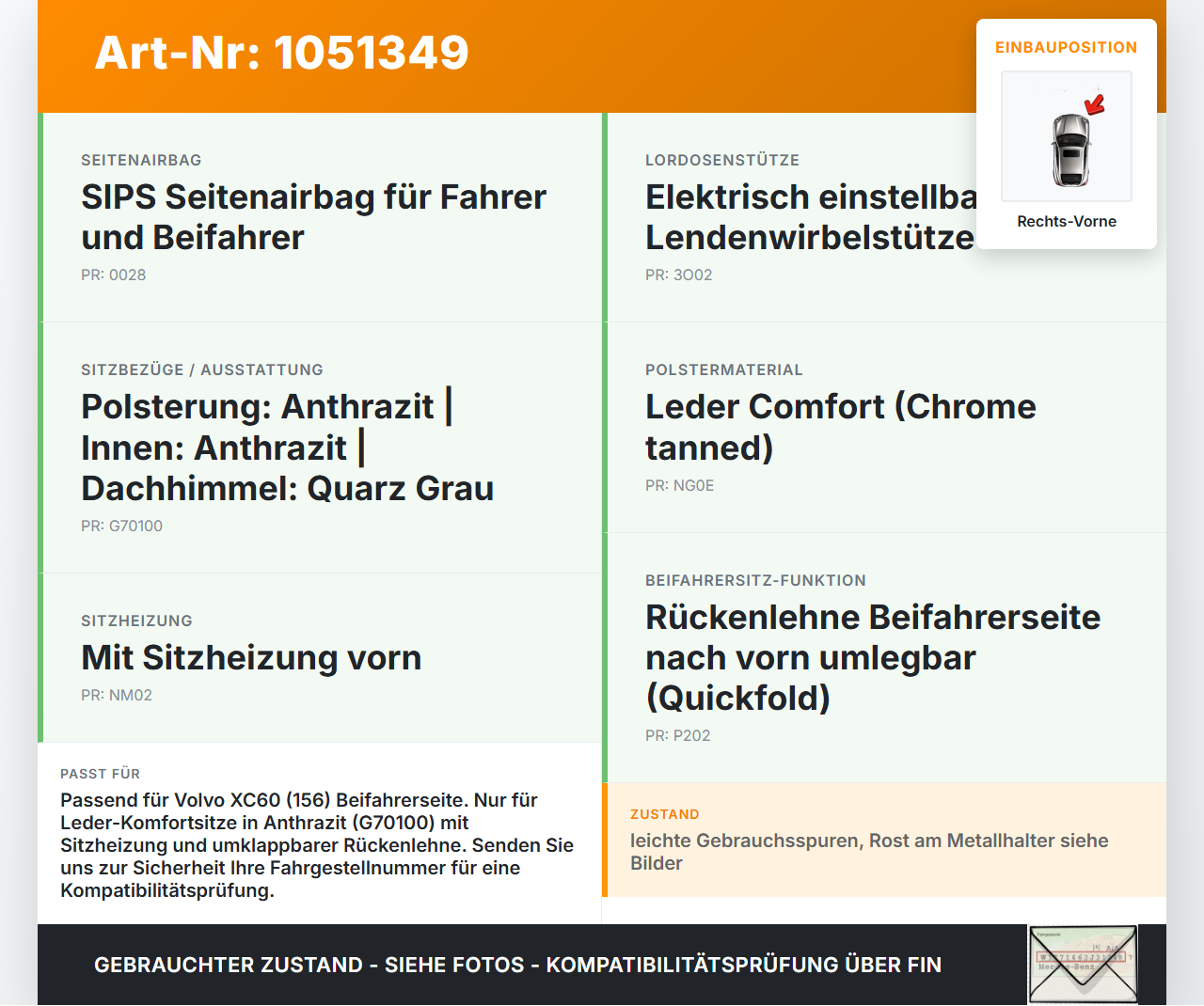 Volvo XC60 156 13-17 Sitzbezug Rückenpolster Rechts Vorne für Beifahrer Sitz Volvo XC60 156 13-17 23.11.2016 gebraucht Vorschau 3