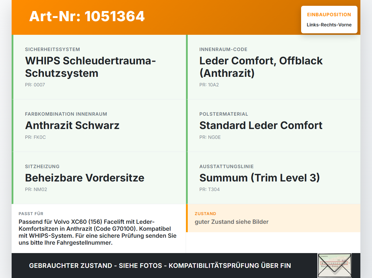 Volvo XC60 156 13-17 Kopfstütze für Fahrer Sitz Rechts oder Links Vorne Leder Volvo XC60 156 13-17 23.11.2016 gebraucht Vorschau 3