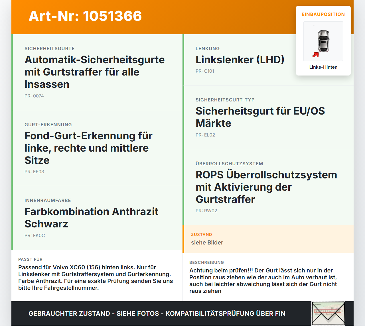 Volvo XC60 156 13-17 Gurt Sicherheitsgurt Gurtstraffer Links Hinten Volvo XC60 156 13-17 23.11.2016 39818854... Vorschau 3