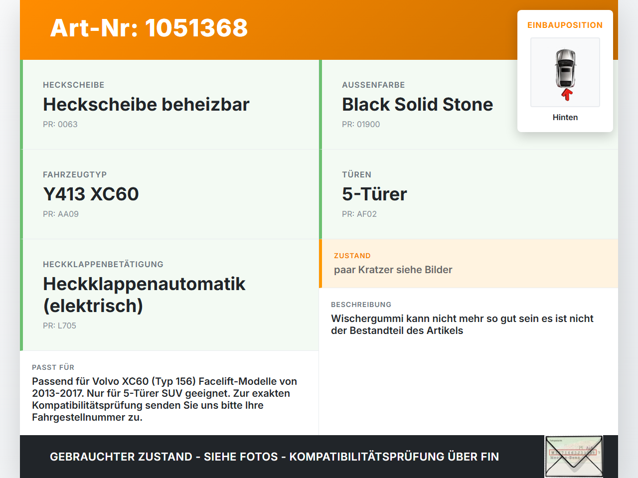 Volvo XC60 156 13-17 Heckwischer Scheibenwischer Hinten Wischarm Volvo XC60 156 13-17 23.11.2016 gebraucht Vorschau 3