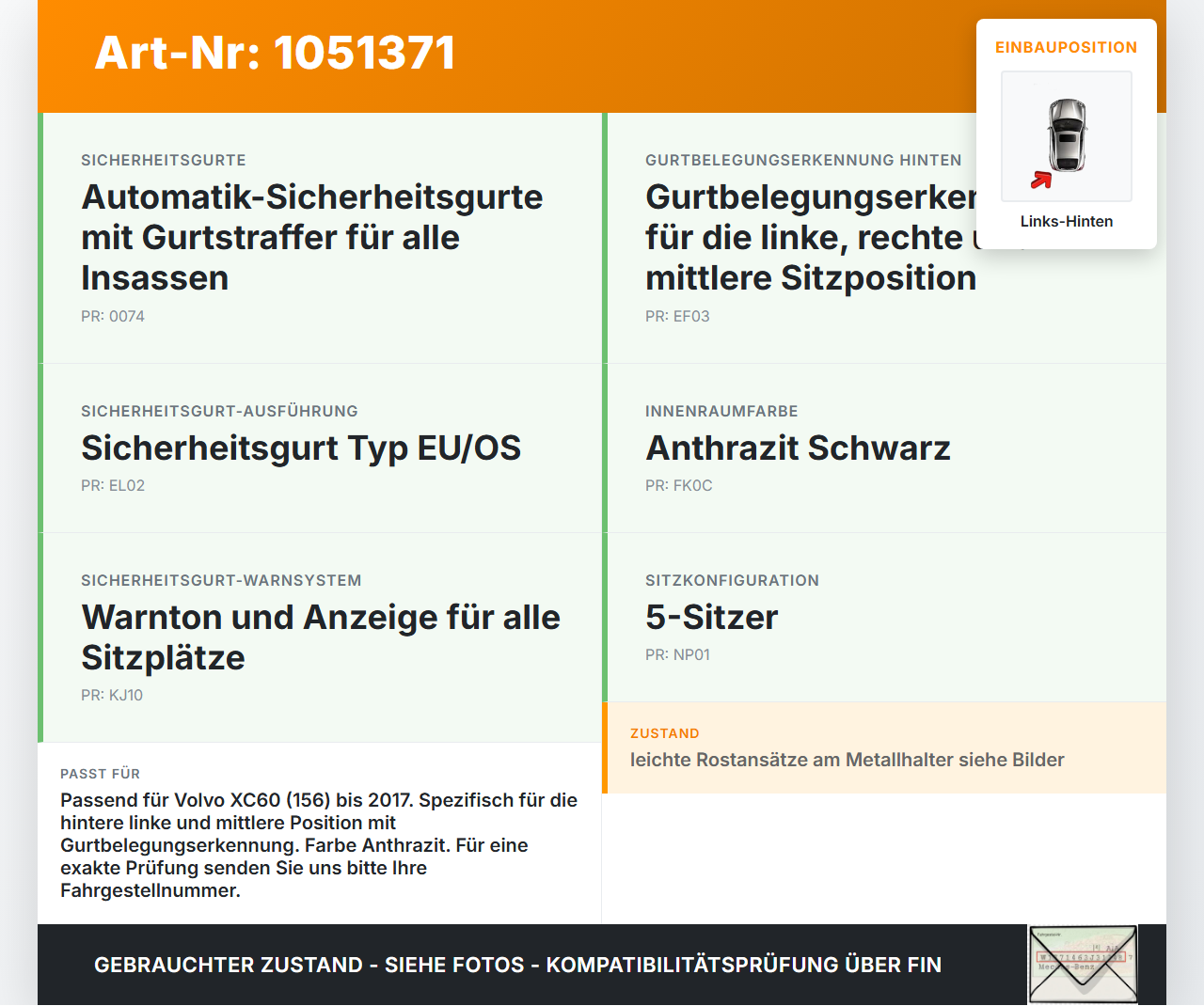 Volvo XC60 156 13-17 Gurtschloss Links und Mitte Hinten Volvo XC60 156 13-17 23.11.2016 34130684 31332776 B190916... Vorschau 3