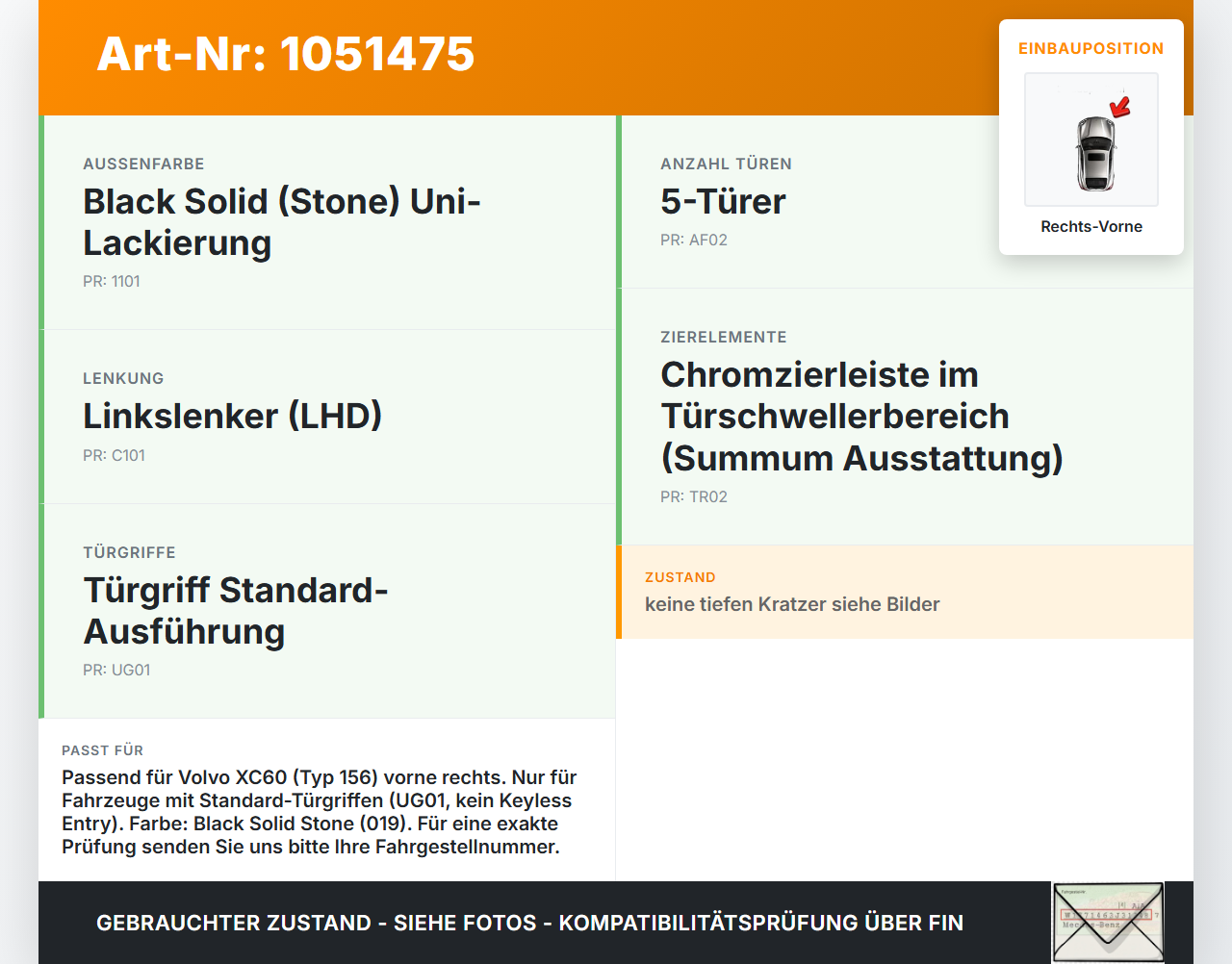 Volvo XC60 156 13-17 Türgriff Griff aussen Rechts Vorne 019 Volvo XC60 156 13-17 23.11.2016 gebraucht Vorschau 3