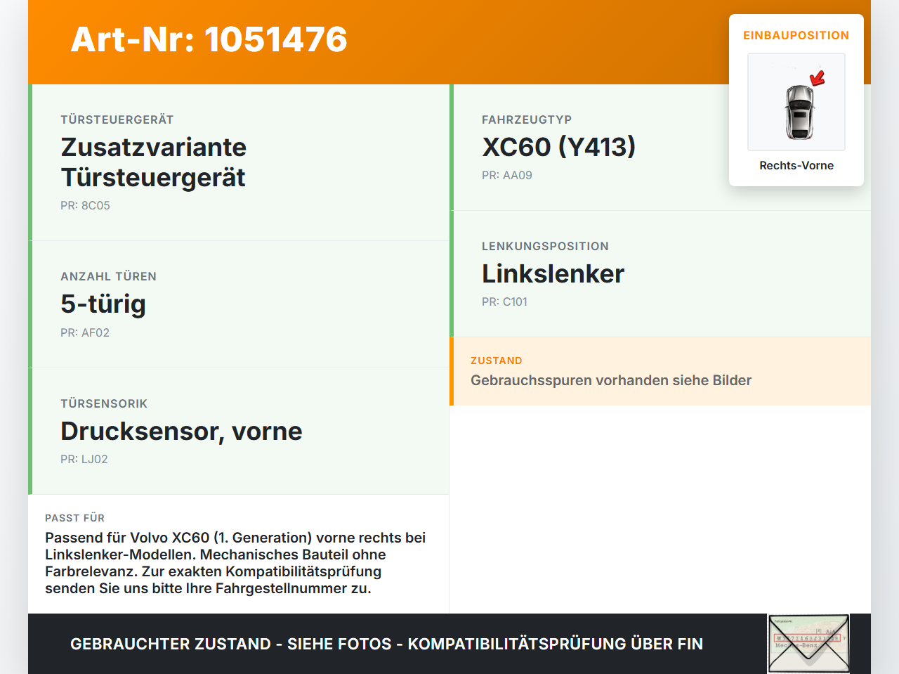 Volvo XC60 156 13-17 Türfangband Türbremse Türanschlag Rechts Vorne Volvo XC60 156 13-17 23.11.2016 gebraucht Vorschau 3