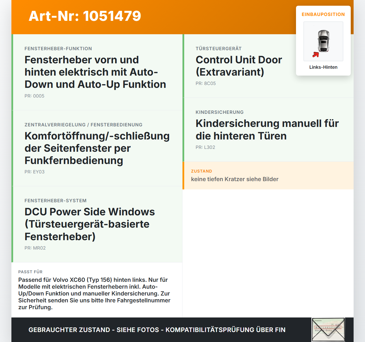 Volvo XC60 156 13-17 Fensterhebermotor Links Hinten Volvo XC60 156 13-17 23.11.2016 966264-102 WR12-720 gebraucht Vorschau 3