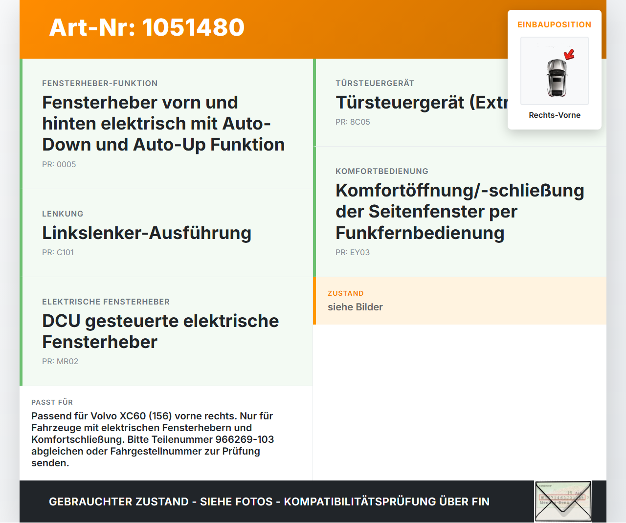 Volvo XC60 156 13-17 Fensterhebermotor Rechts Vorne Volvo XC60 156 13-17 23.11.2016 966269-103 WR12-717 gebraucht Vorschau 3