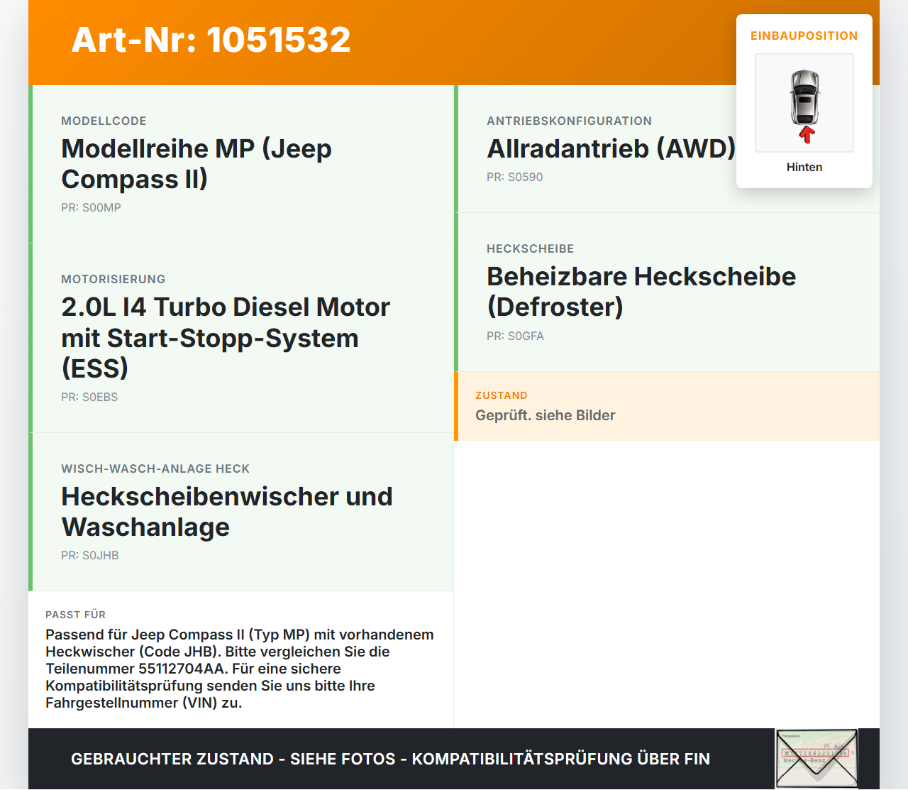Jeep Compass II 17-21 Wischermotor Hinten Heckwischermotor Jeep Compass II 17-21 12.08.2019 55112704AA 259600-3320... Vorschau 3