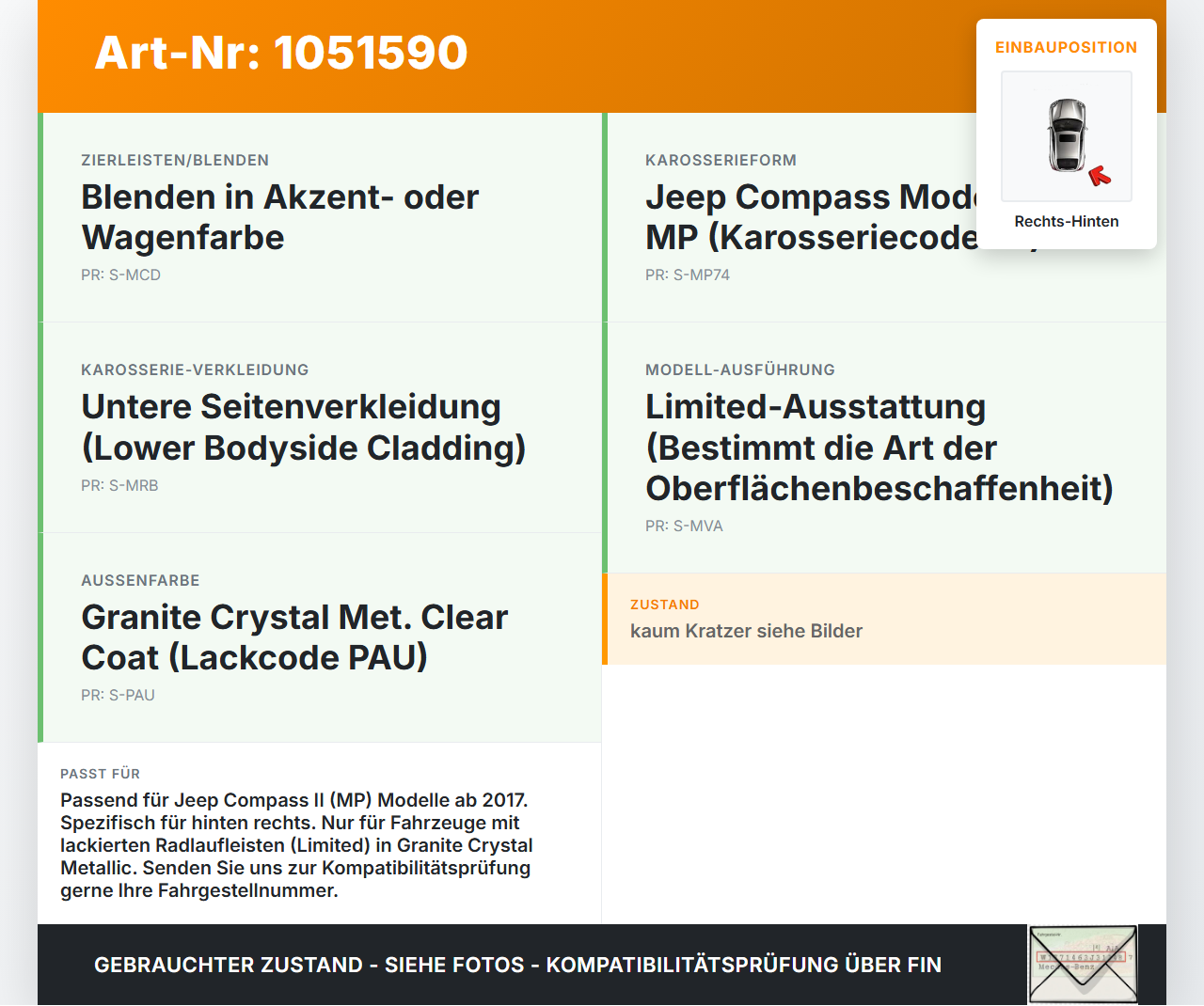 Jeep Compass II 17-21 Leiste für Kotflügel Rechts Hinten PAU Jeep Compass II 17-21 12.08.2019 gebraucht Vorschau 3