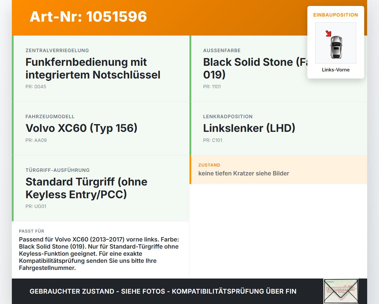 Volvo XC60 156 13-17 Türgriff Griff aussen Links Vorne 019 Volvo XC60 156 13-17 23.11.2016 gebraucht Vorschau 3