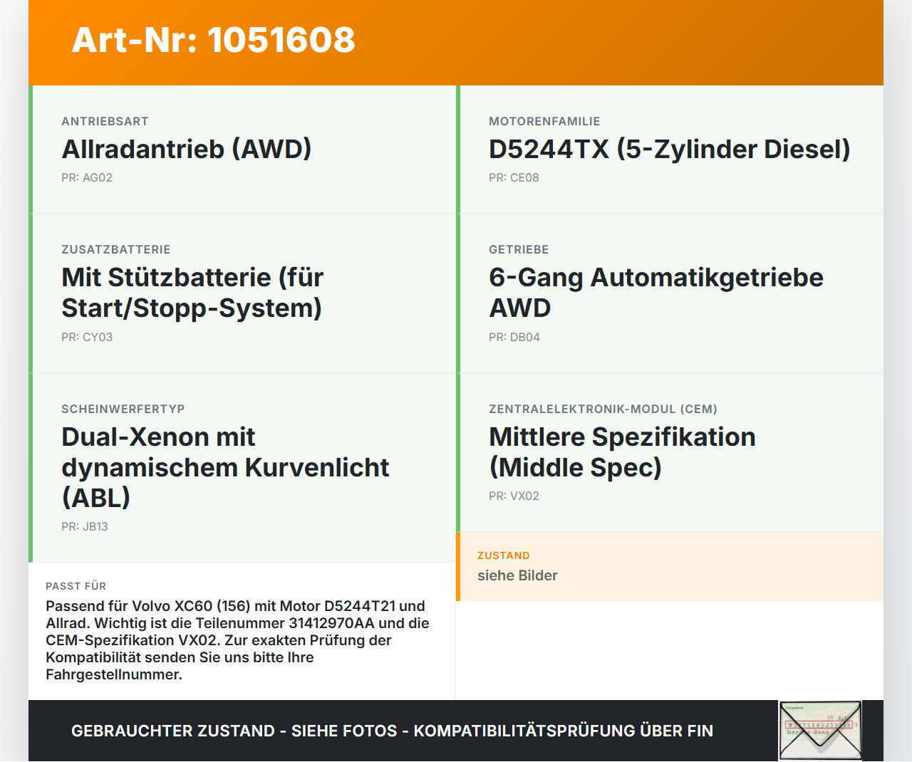 Volvo XC60 156 13-17 2,4 140KW Sicherungskasten Zentralelektrik Volvo XC60 156 13-17 23.11.2016 31412970AA gebraucht Vorschau 3