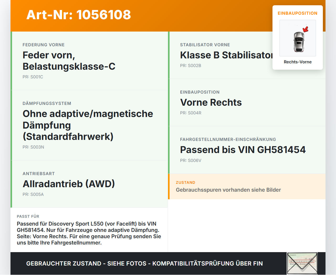 Discovery Sport L550 15-19 Federbein Stossdämpfer Vorne Rechts Discovery Sport L550 15-19 12.03.2015 LR060804 gebraucht Vorschau 3