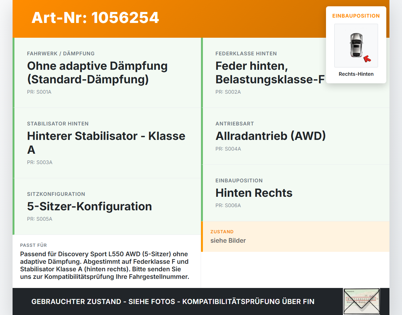 Discovery Sport L550 15-19 Federbein Stossdämpfer Hinten Rechts Discovery Sport L550 15-19 12.03.2015 LR061355 gebraucht Vorschau 3