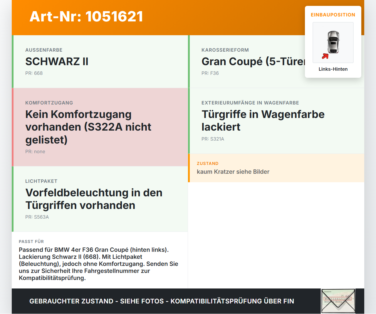 BMW 428i F36 14-17 Coupe Türgriff Griff aussen Links Hinten 668 BMW 428i F36 14-17 02.06.2016 0445185 51210445185... Vorschau 3