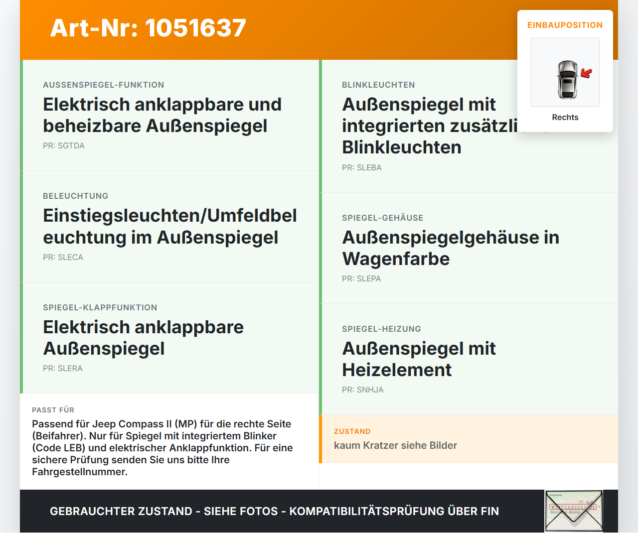 Jeep Compass II 17-21 Blinker Blinkleuchte Rechts orig. für Spiegel Jeep Compass II 17-21 12.08.2019 805240B... Vorschau 3