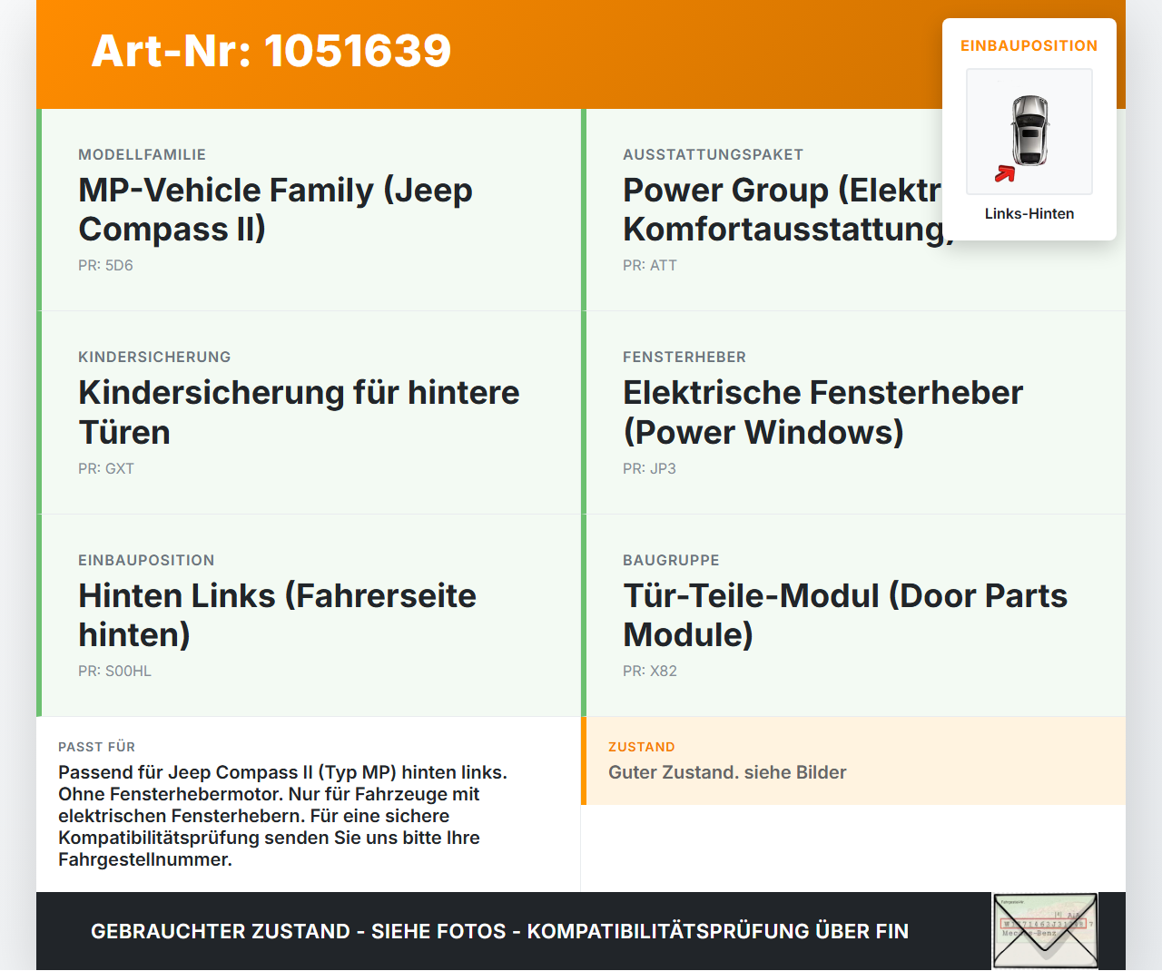 Jeep Compass II 17-21 Fensterheber o. FH-Motor Hinten Links Jeep Compass II 17-21 12.08.2019 gebraucht Vorschau 3