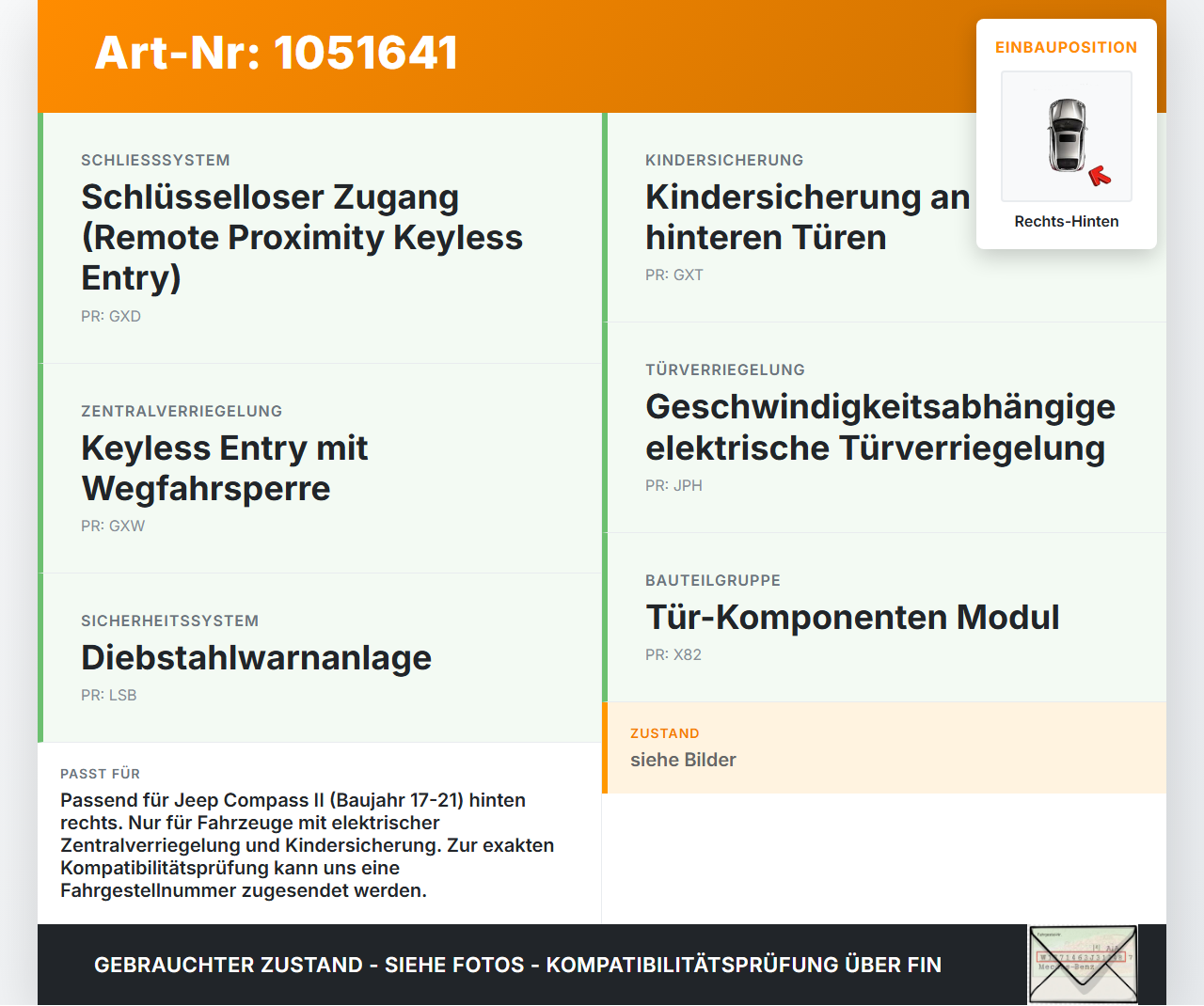 Jeep Compass II 17-21 Türschloss m. ZV Stellmotor Rechts Hinten Jeep Compass II 17-21 12.08.2019 P04589914AE gebraucht Vorschau 3