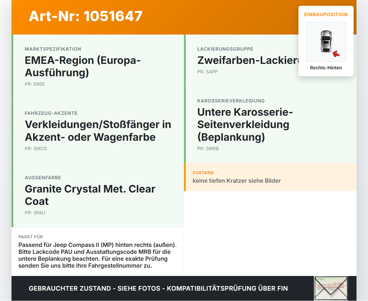 Jeep Compass II 17-21 Türleiste Beplankung Rechts Hinten Aussen PAU Jeep Compass II 17-21 12.08.2019 gebraucht Vorschau 3