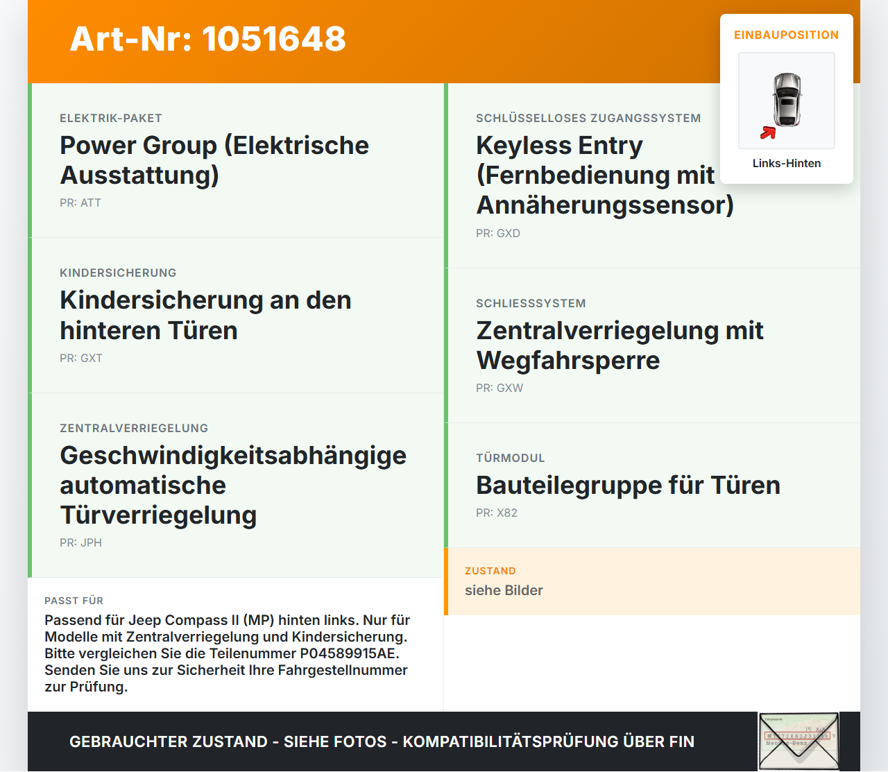 Jeep Compass II 17-21 Türschloss m. ZV Stellmotor Links Hinten Jeep Compass II 17-21 12.08.2019 P04589915AE gebraucht Vorschau 3