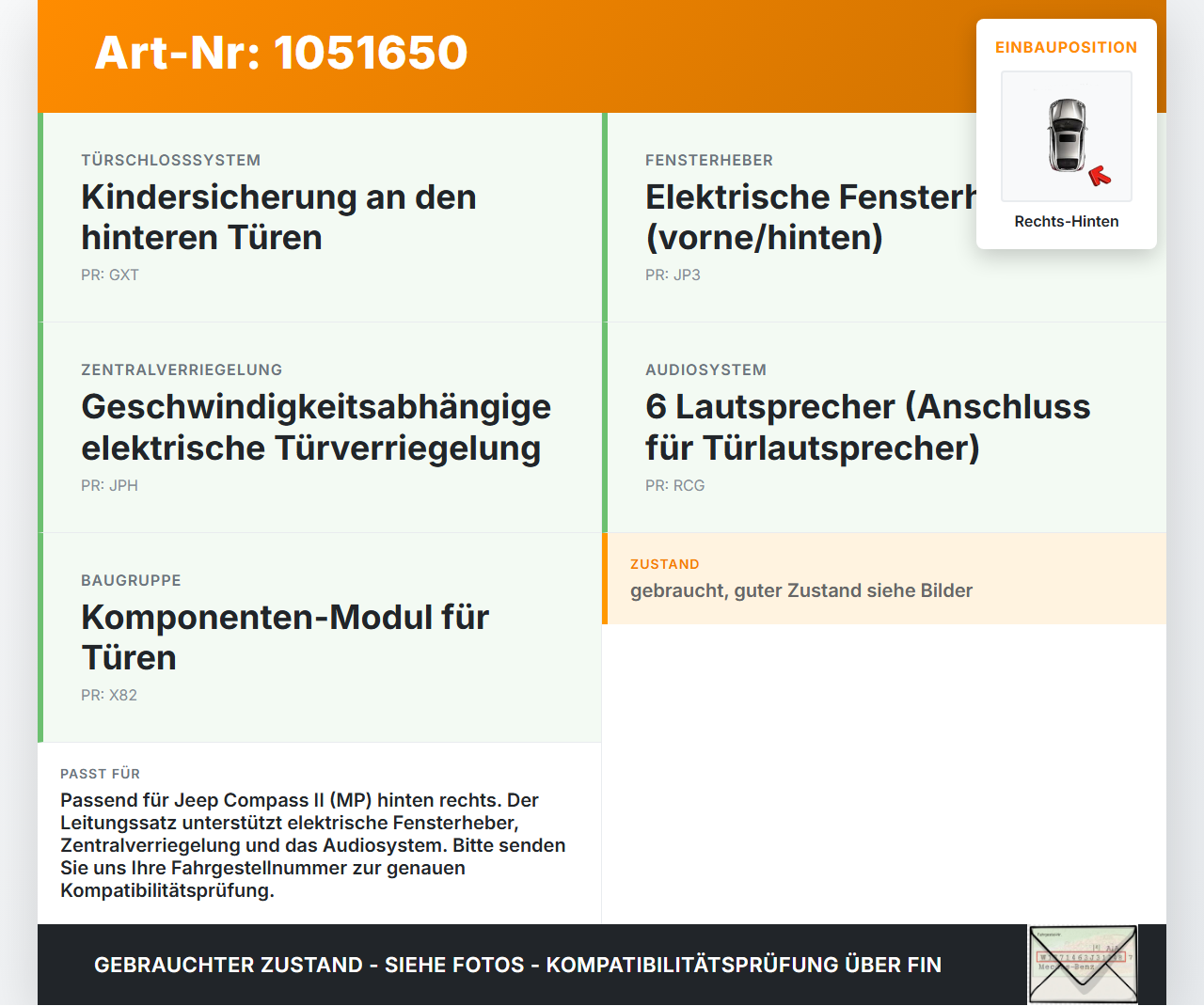 Jeep Compass II 17-21 Kabelbaum Leitungssatz für Tür und Fensterheber Hinten Rechts Jeep Compass II 17-21... Vorschau 3