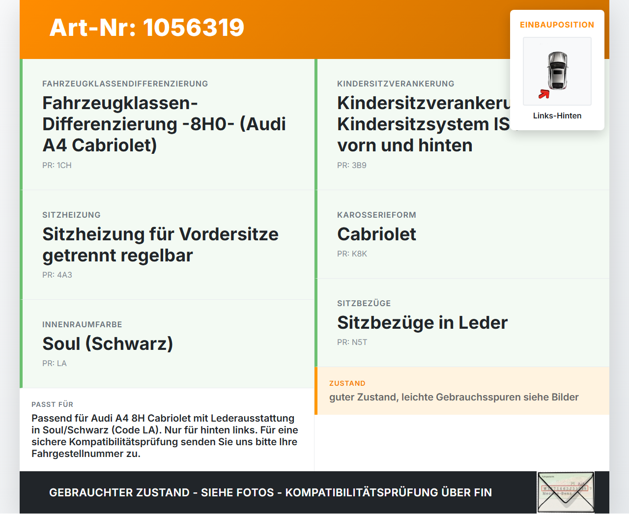 Audi A4 B6 8H 02-05 Kopfstütze Links Hinten Audi A4 B6 8H 02-05 17.05.2005 8H0885905A gebraucht Vorschau 3