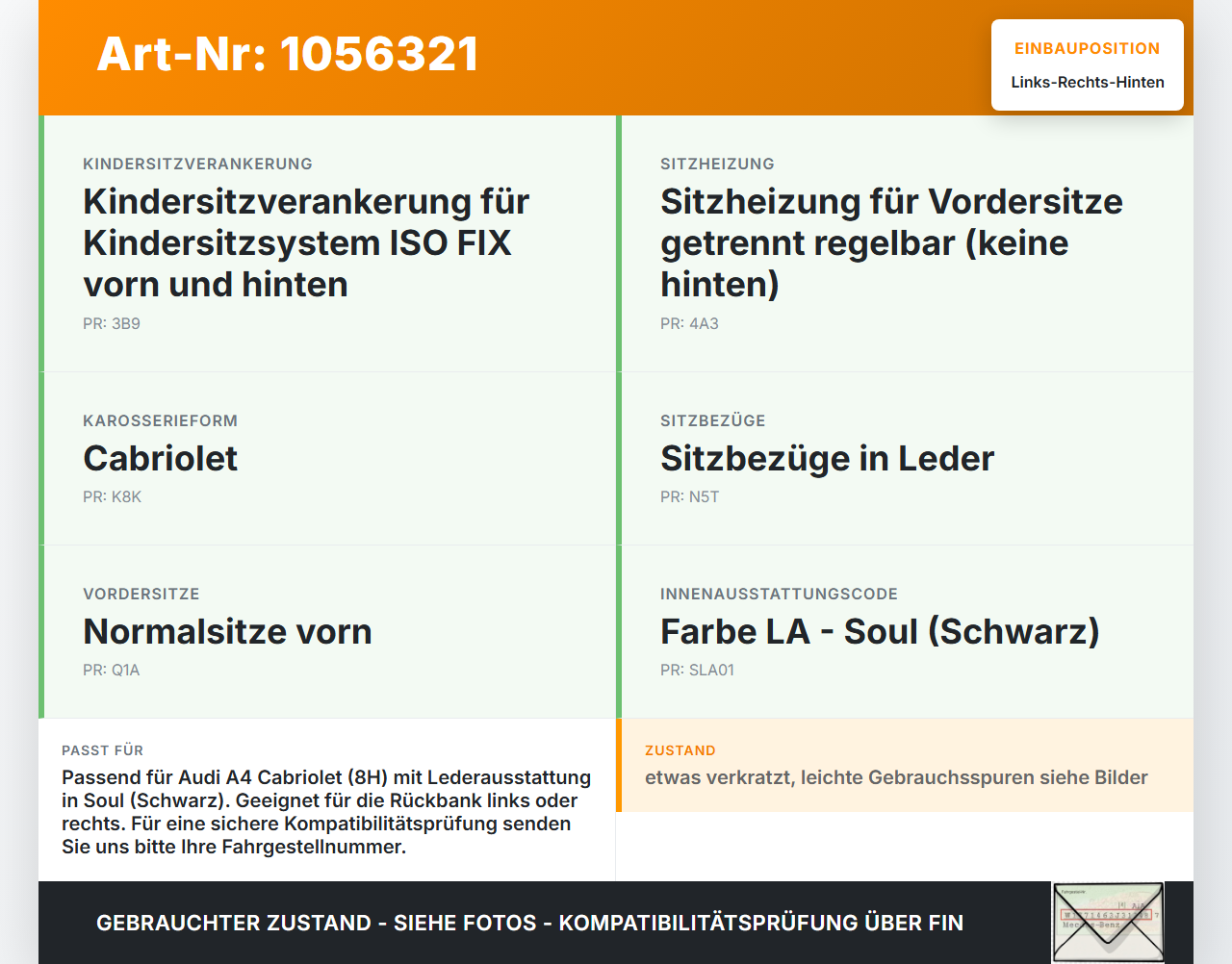 Audi A4 B6 8H 02-05 Kopfstütze Rechts oder Links Hinten Audi A4 B6 8H 02-05 17.05.2005 8H0885905A gebraucht Vorschau 3