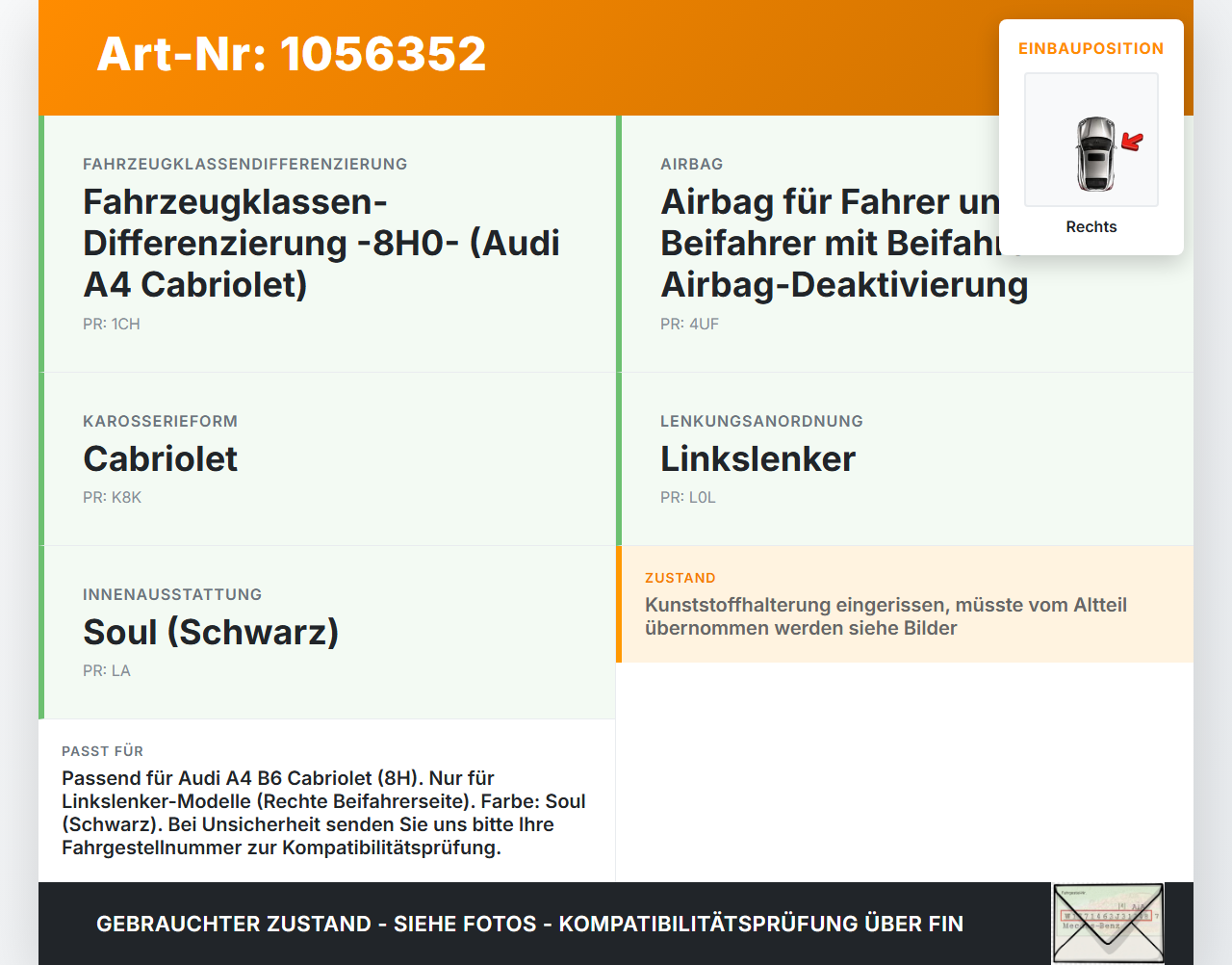 Audi A4 B6 8H 02-05 Sonnenblende Rechts für Beifahrer Audi A4 B6 8H 02-05 17.05.2005 8H0857552H gebraucht Vorschau 3