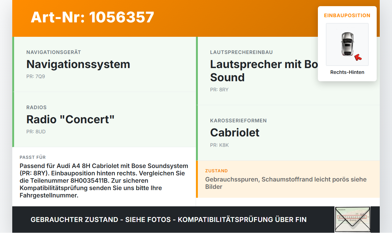 Audi A4 B6 8H 02-05 Cabrio Lautsprecher Bose Sound System Rechts Hinten Audi A4 B6 8H 02-05 17.05.2005 8H0035411B... Vorschau 3