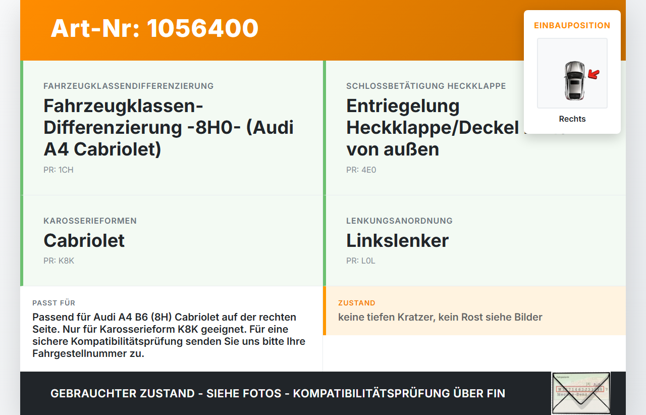 Audi A4 B6 8H 02-05 Cabrio Scharniere Scharnier für Heckklappe Rechts Audi A4 B6 8H 02-05 17.05.2005 8H0827302B... Vorschau 3
